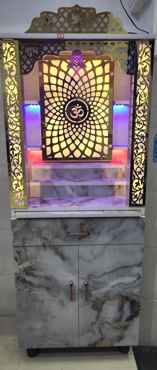 Luxury Wooden Pooja Mandir with Marble Finish, LED Backlighting & Engraved Gold Accents – Divine Home Temple