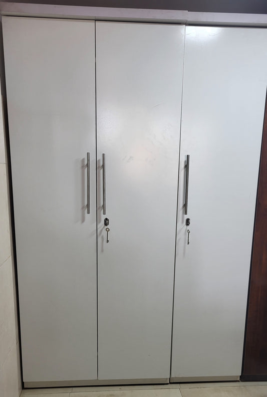 3-Door Engineered Wood Wardrobe with Lockable Storage – Sleek White Finish & Modern Handles